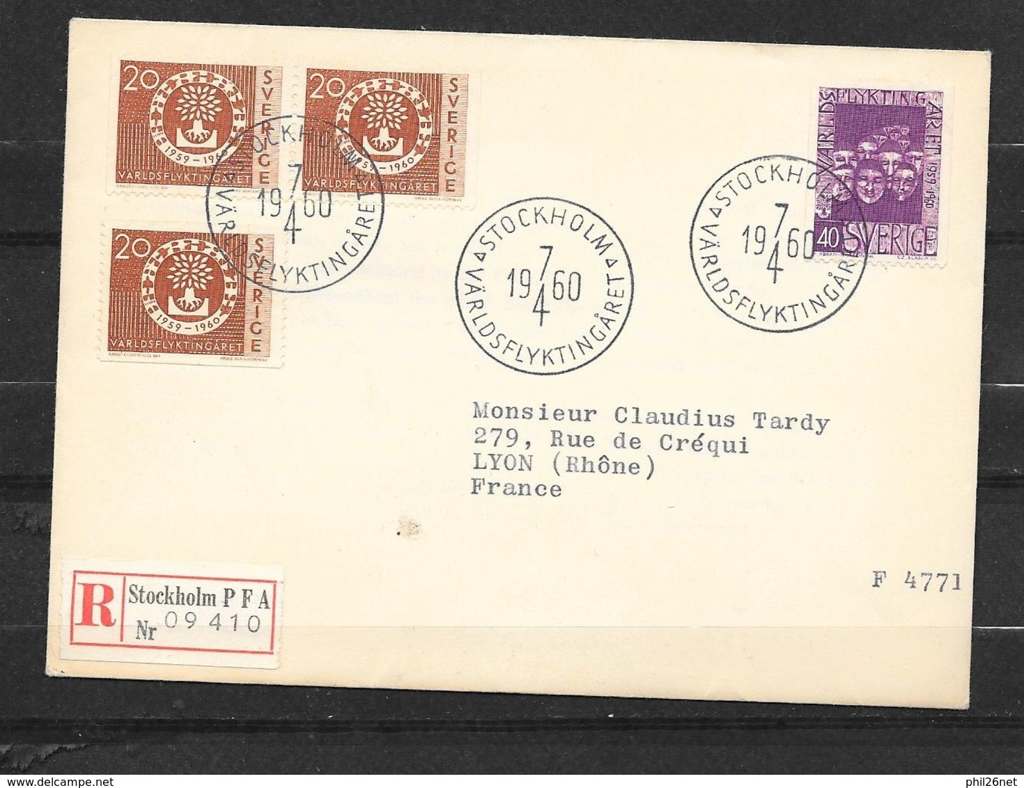 Suède R  FDC  Lettre Recommandée Par Avion Circulée Stockhom 7/4/1960 à Lyon Le 07/4/1960 Cachets N°448ab,448a Et 449 TB - Storia Postale