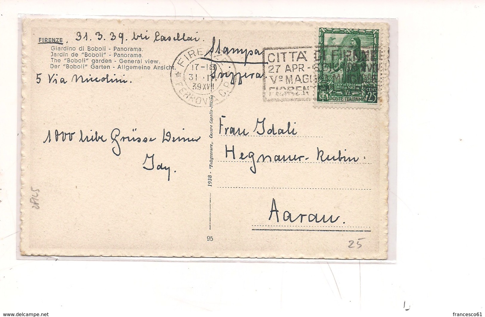 2232) 1939 IMPERO 25C ISOLATO CARTOLINA ILLUSTRATA ESTERO SVIZZERA - Marcophilia