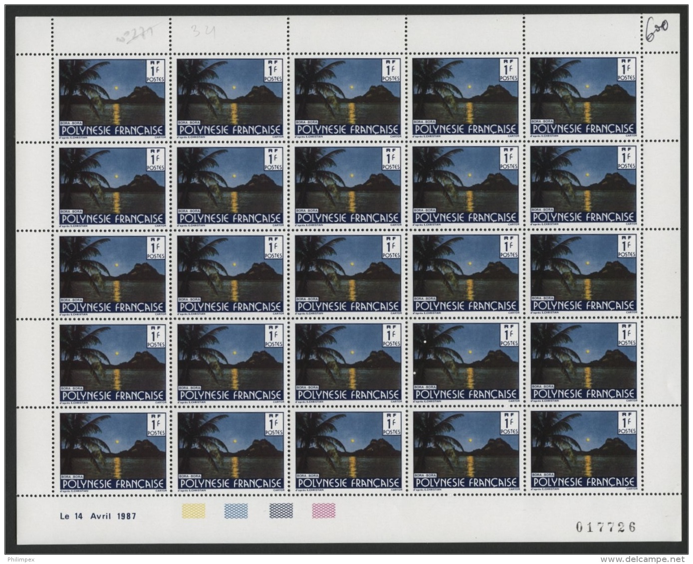 FRENCH POLYNESIA, 1 FRANCS MOON ABOVE BORA BORA FULL SHEET, PRINT 1991 - Used Stamps