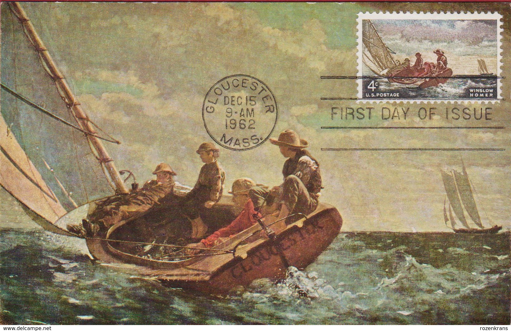 Stamp Timbre On Postcard First Day Of Issue Gloucester Massachusetts USA United States Winslow Homer Artist - Gebruikt