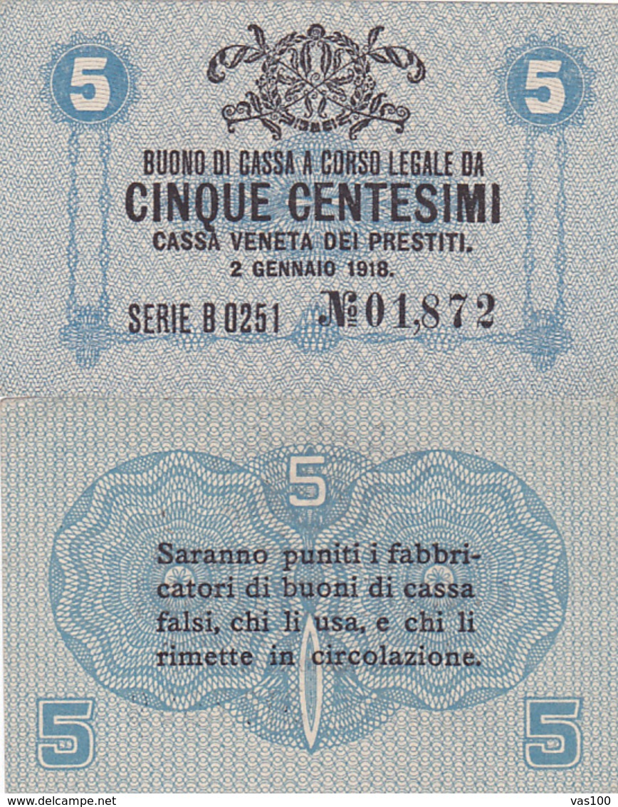 CASSA VENETA DEI PRESTITI - CAT. N° 10 - RARO - 5 CENTS - FIOR DI STAMPA SERIE B Nr.01,872 - Biglietti Consorziale