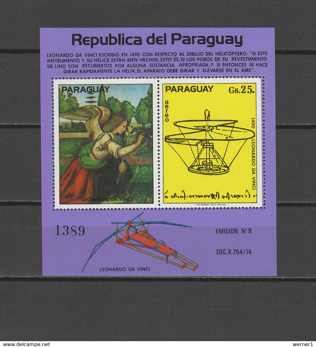 Paraguay 1977 Aviation, Airplanes, Paintings Leonardo Da Vinci S/s MNH - Aviones