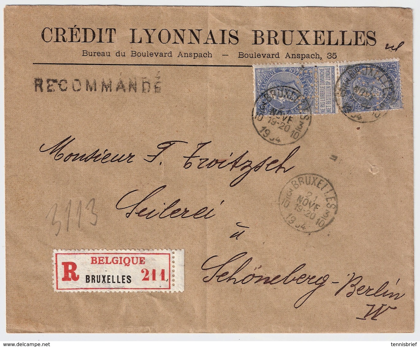 Belgien , Perfin " C.L. " Credit Lyonnais, 1904, Recomm. , #a513 - 1863-09