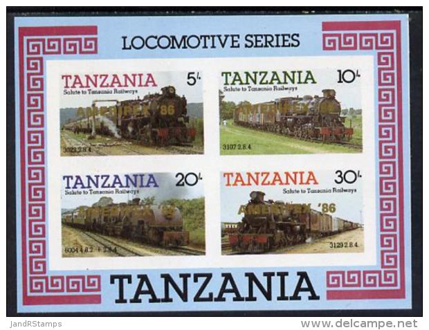 6245 (trains) Tanzania 1985 Locomotives Imperf Proof Miniature Sheet With 'AMERIPEX 86' Opt In Gold (unissued) U/m - Trains