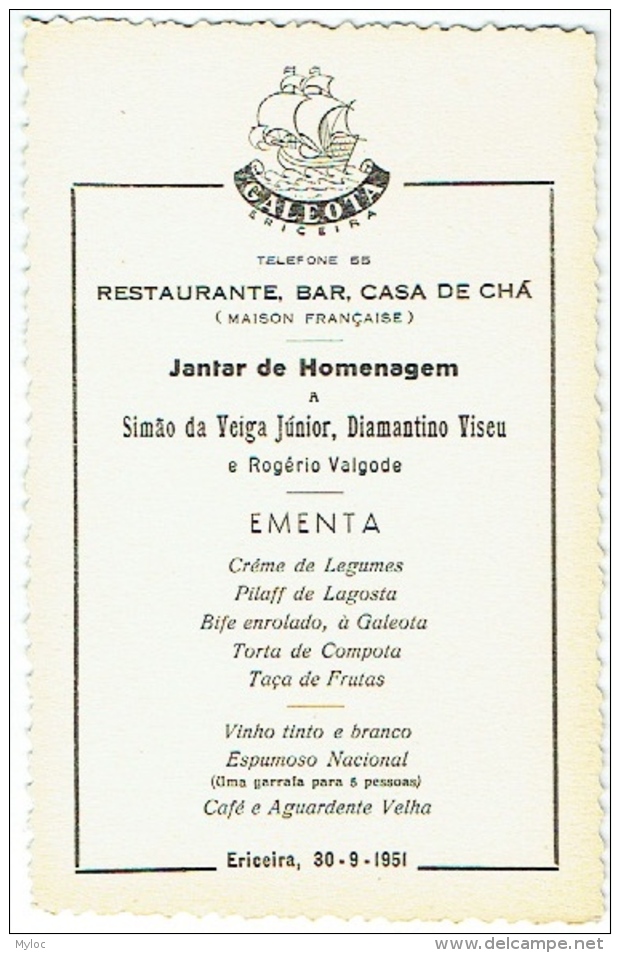 Menu. Restaurante Galeota. Ericeira, 30-9-1951. - Menus