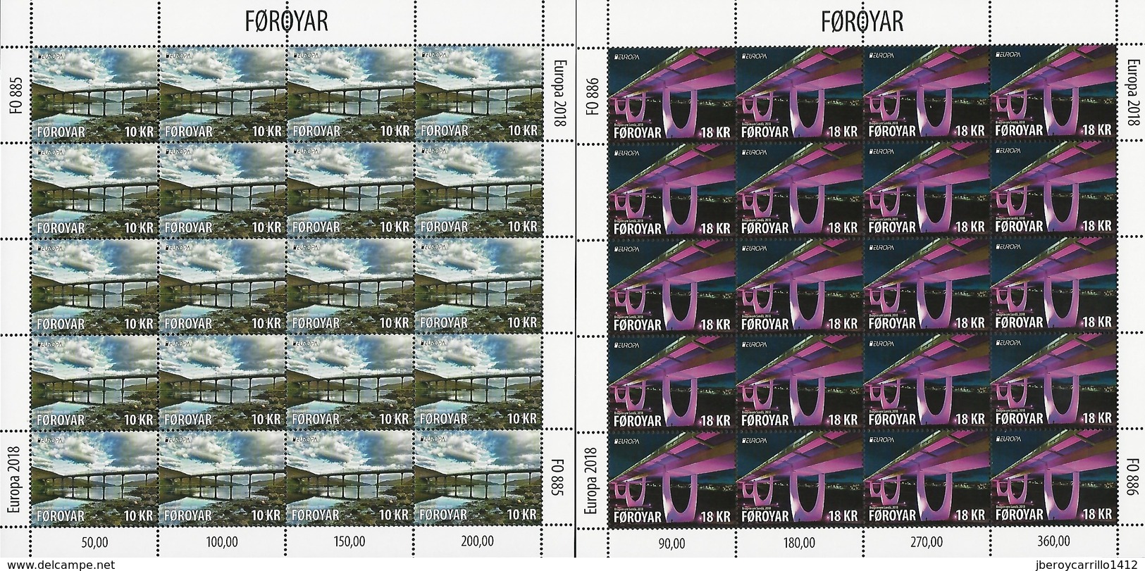 FEROE ISLANDS/ FAROE/ FÄRÖER/ FØROYAR - EUROPA 2018 - "PUENTES.- BRIDGES - BRÜCKEN - PONTS" - DOS HOJAS BLOQUE De 20 C/u - 2018