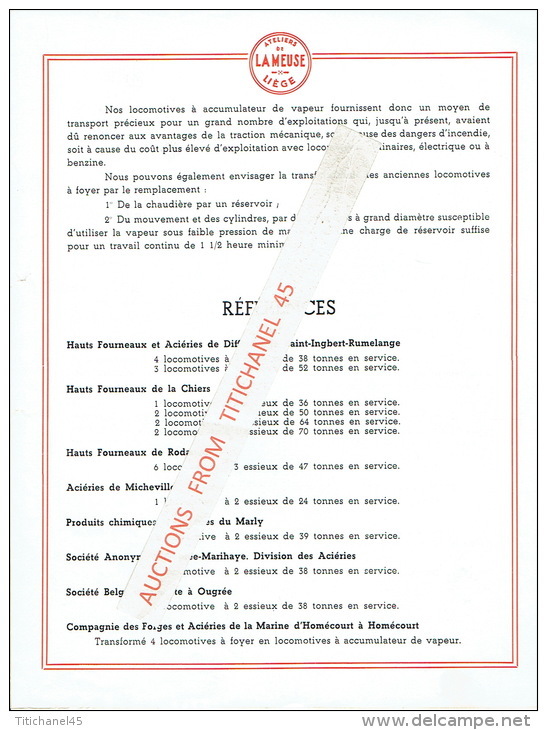 Plaquette Publicitaire DE 1935 De 6 Pages ATELIERS CONSTRUCTION DE LA MEUSE : LOCOMOTIVES A ACCUMULATEUR DE VAPEUR - Chemin De Fer