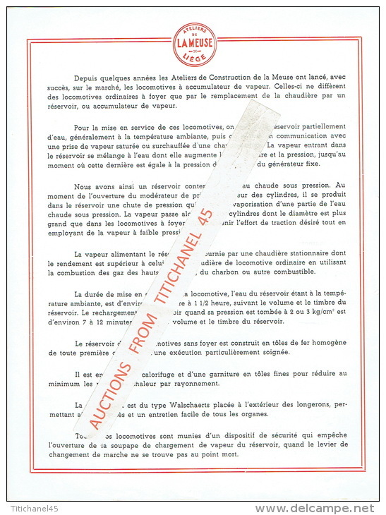 Plaquette Publicitaire DE 1935 De 6 Pages ATELIERS CONSTRUCTION DE LA MEUSE : LOCOMOTIVES A ACCUMULATEUR DE VAPEUR - Spoorweg