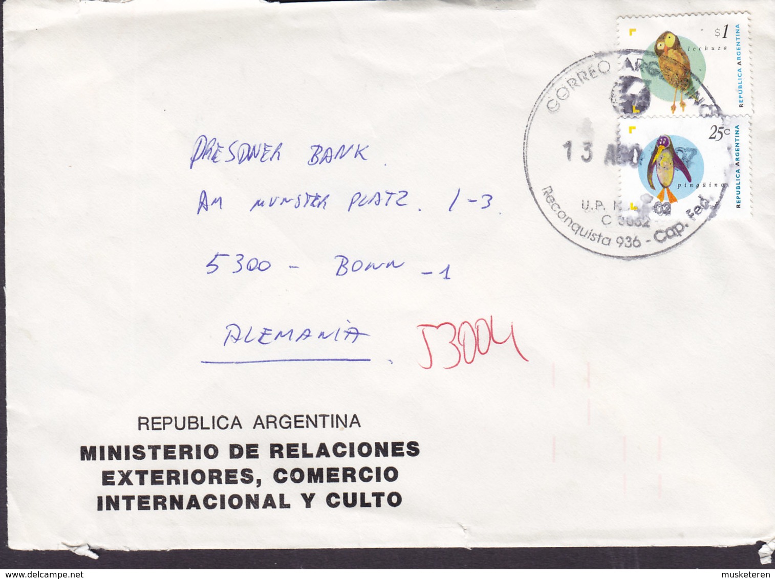 Argentina MINISTERIO RELACIONES EXTERIORES 1997 Cover Letra BONN Germany Penguin Eule Owl Stamps - Lettres & Documents