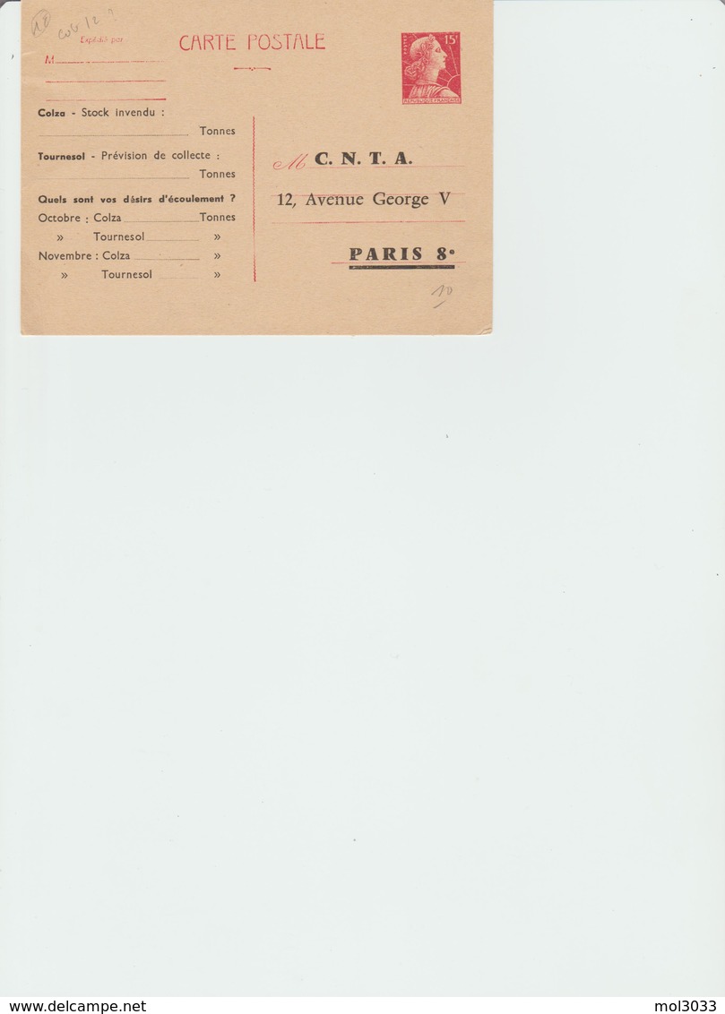 Entier Postal Repiqué CNTA Du 15 F. Muller - Cartes Postales Types Et TSC (avant 1995)