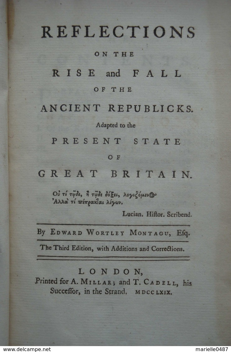 Montagu - Reflections On The Rise And Fall Of The Ancient Republicks - 1700-1799