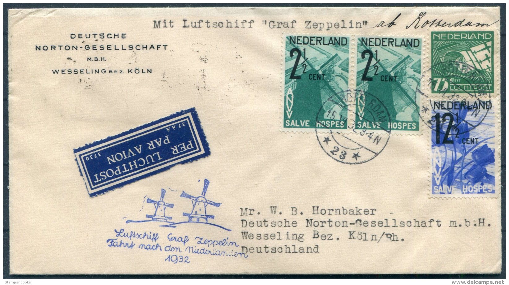 1932 Netherlands Graf Zeppelin Luftschiff Rotterdam Flight Cover - Covers & Documents