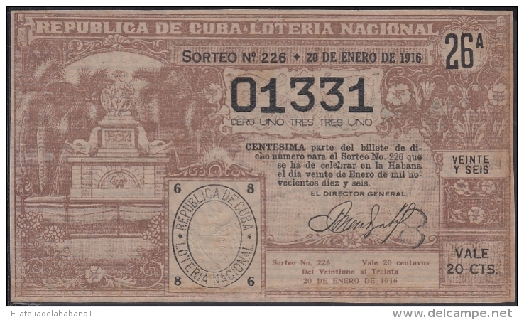 LOT-299 CUBA REPUBLIC OLD LOTTERY SORTEO DE LOTERIA N&ordm; 226 20/01/1916 - Lottery Tickets