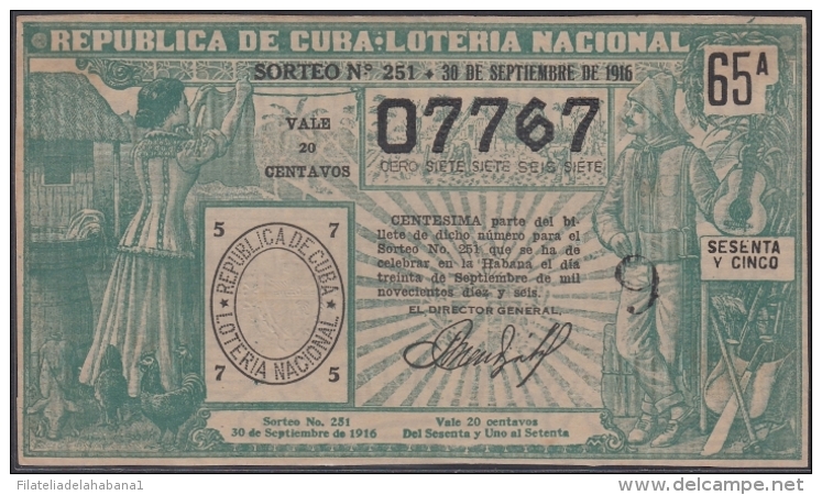 LOT-320  CUBA REPUBLIC OLD LOTTERY SORTEO DE LOTERIA N&ordm; 251 30/09/1916 - Lottery Tickets