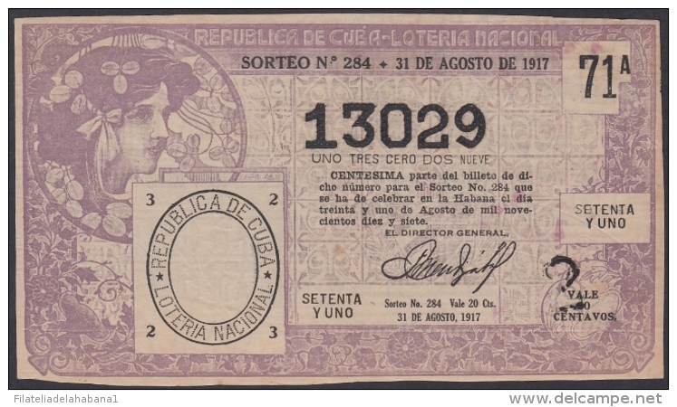 LOT-342  CUBA REPUBLIC OLD LOTTERY SORTEO DE LOTERIA N&ordm; 284 31/08/1917 - Lottery Tickets