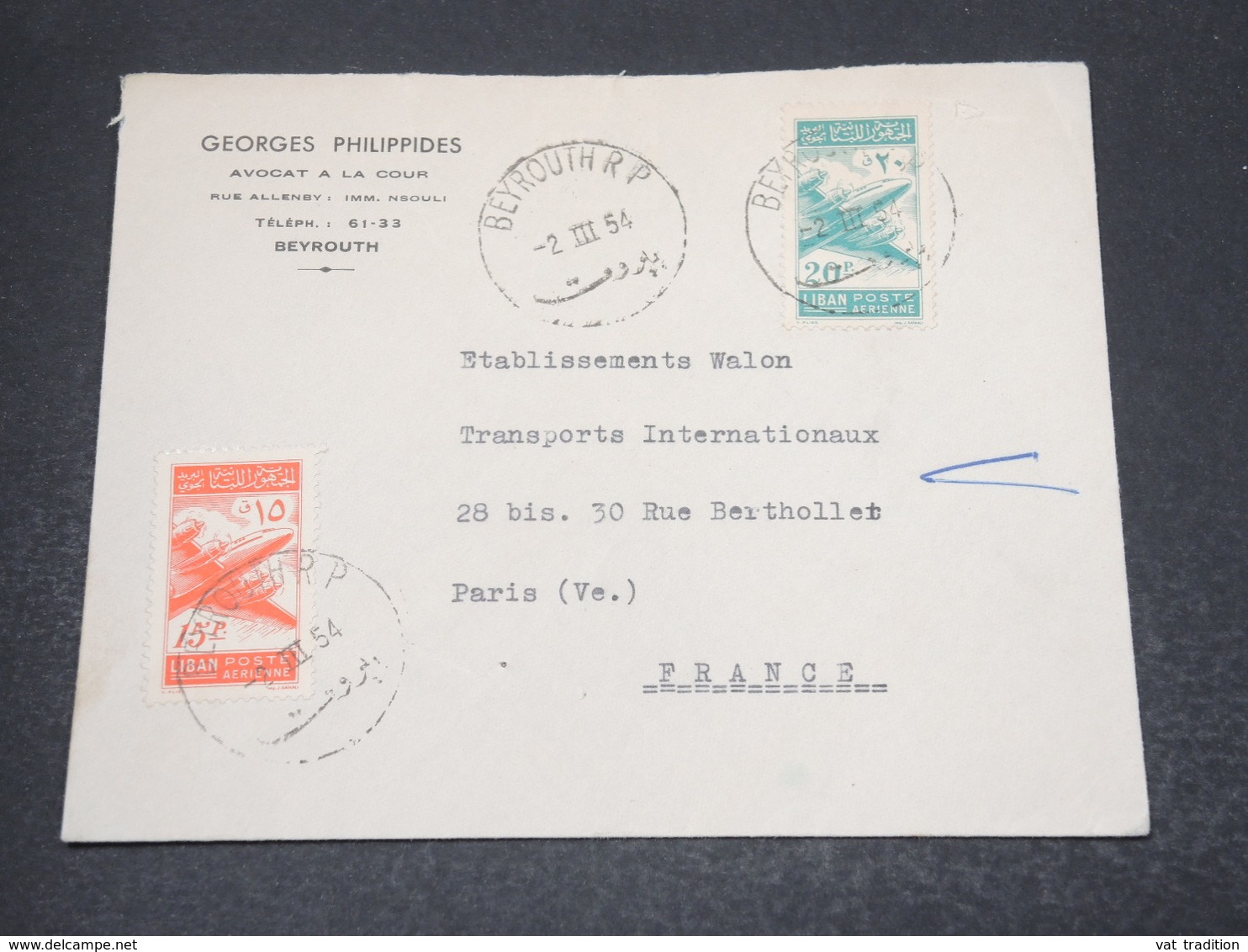 LIBAN - Enveloppe Commerciale De Beyrouth Pour La France En 1954 - L 16979 - Liban