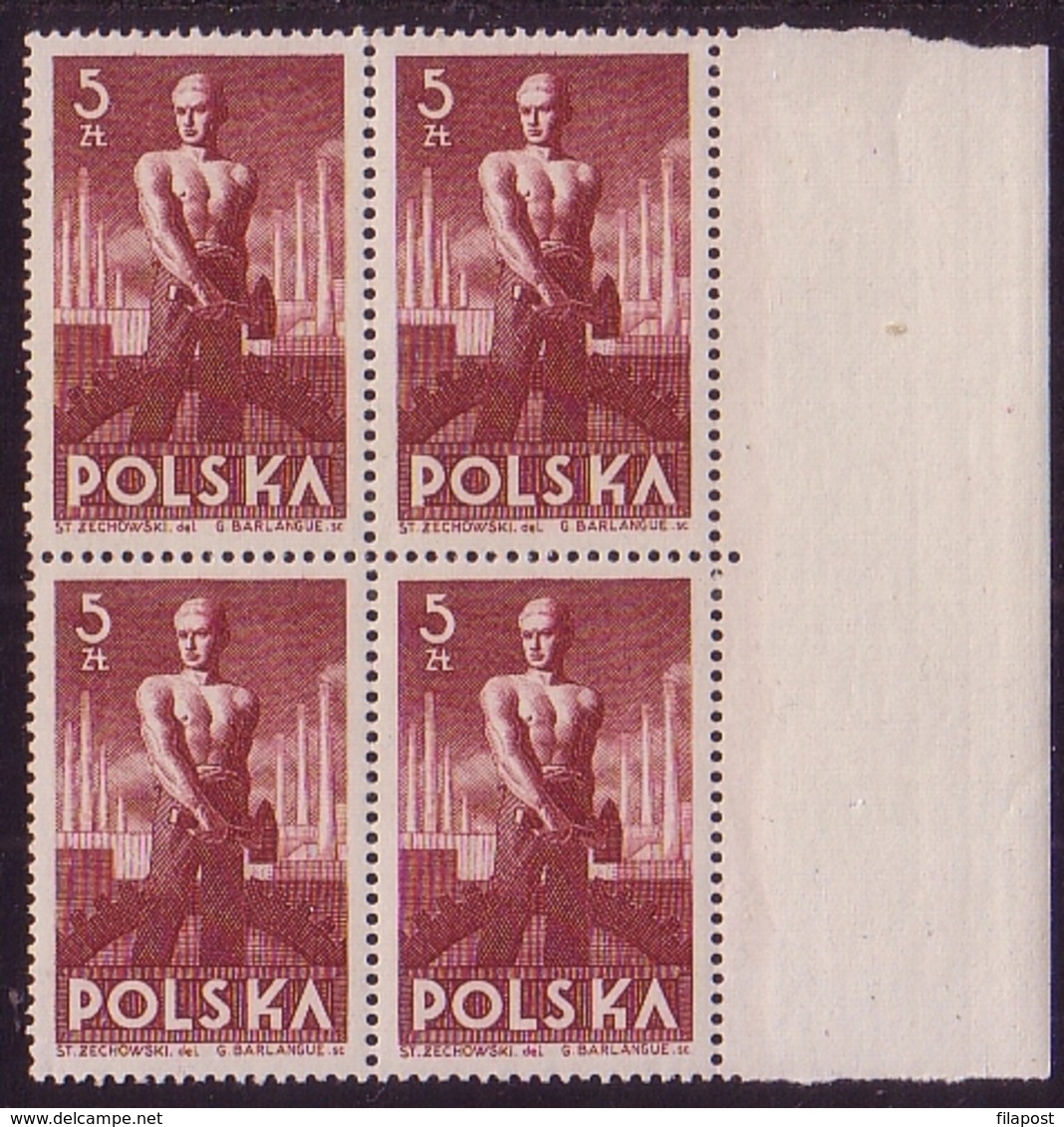 1947 Poland Mi 472, Block Of Foour, Worker. Right Margin, MNH** - Nuevos