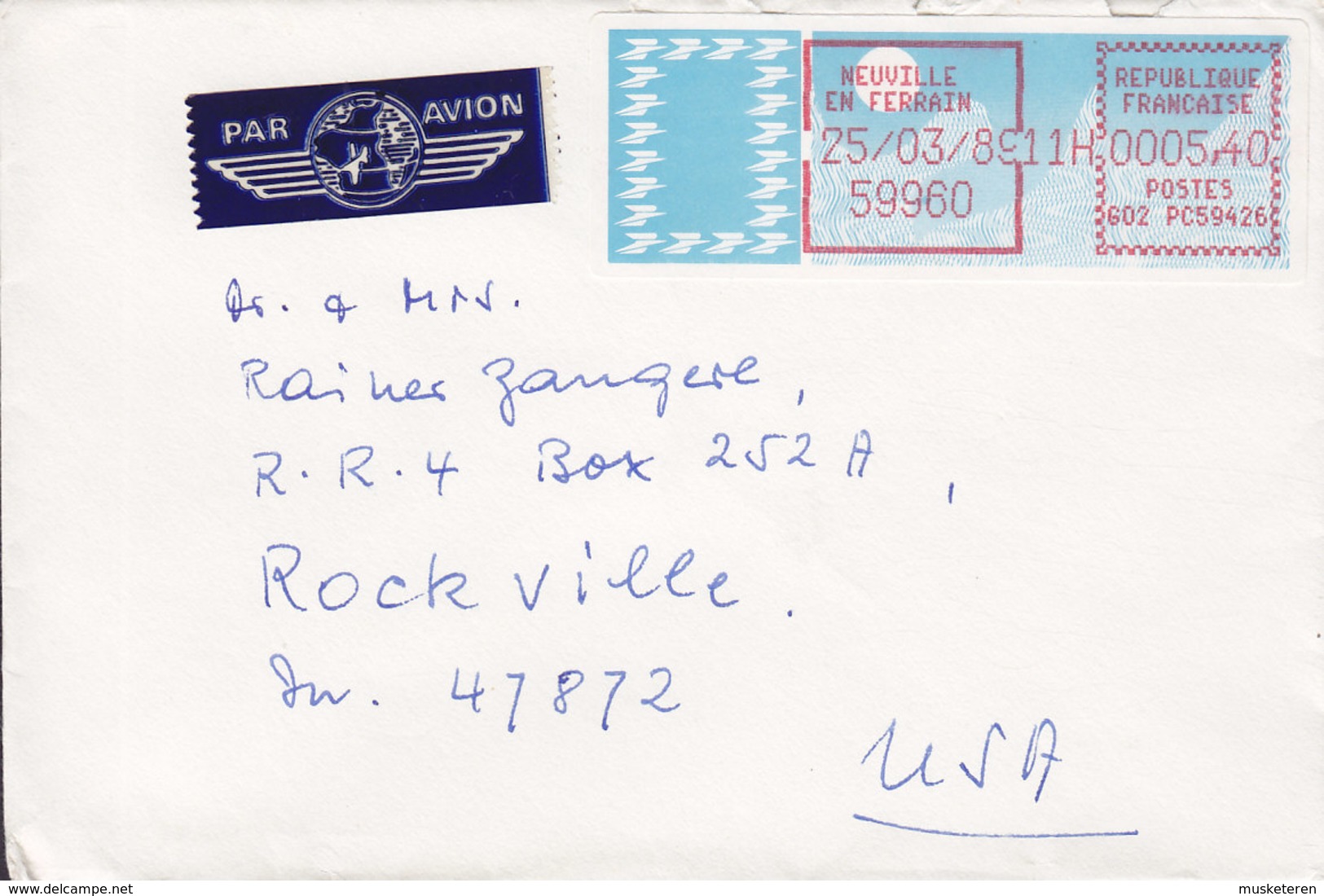 France Par Avion Label NEUVILLE En FERRAIN 1989 Cover Lettre ROCKVILLE Etats Unis ATM / Frama Label - Sonstige & Ohne Zuordnung