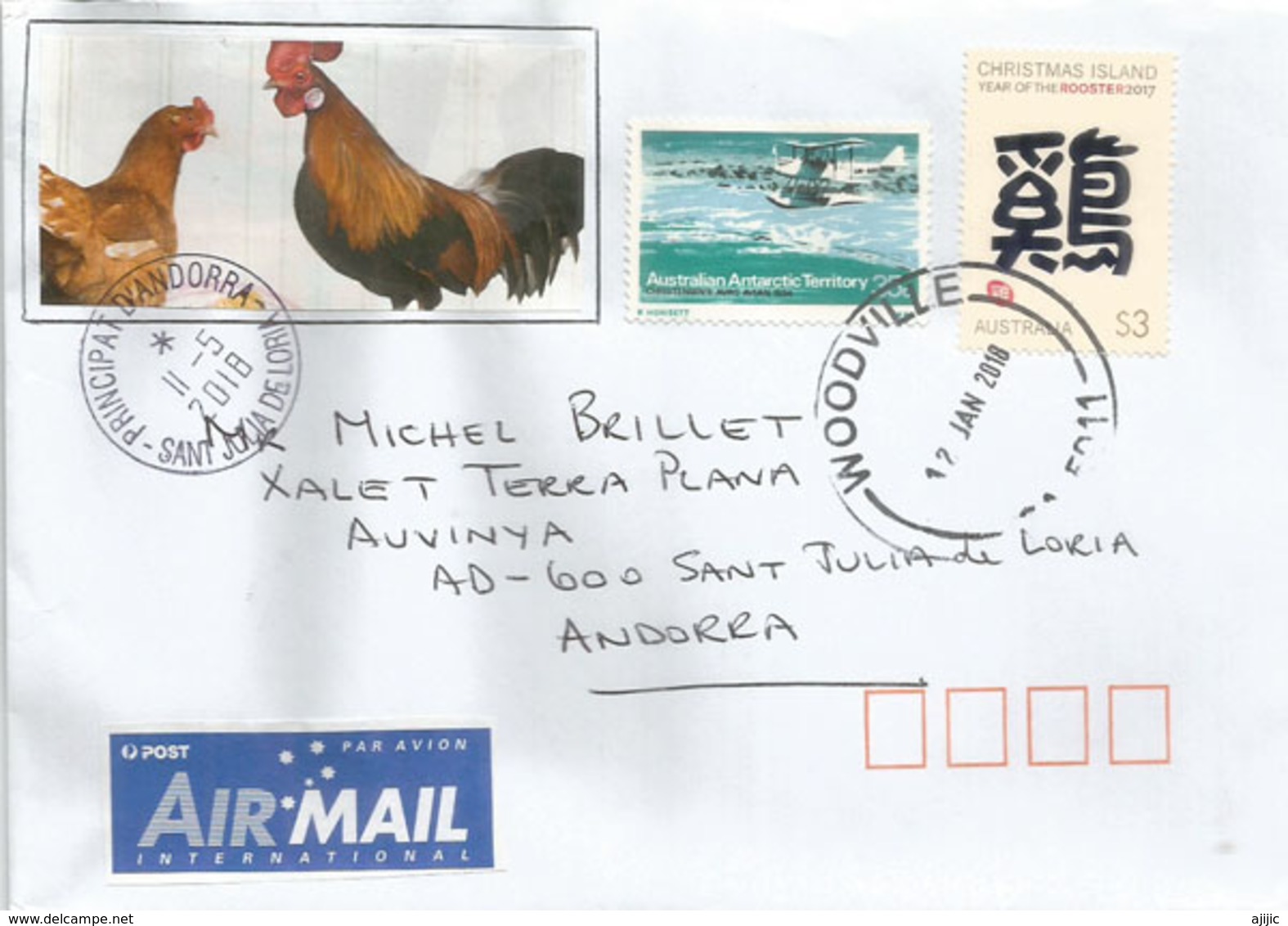 Christmas Island, Annee  Du Coq $ 3.00, Sur Lettre Adressee Andorra,avec Timbre A Date Arrivee - Nouvel An Chinois