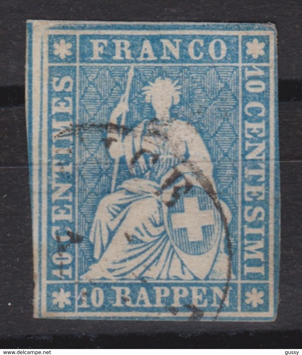 SUISSE HELVETIA ASSISE ND  (RAPPEN): 10 R. Bleu, Oblitéré (ZNr 23G), Variété Coin NO - Usados