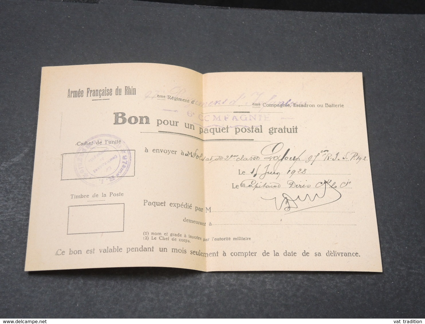 FRANCE - Bon Pour Un Paquet Postal Gratuit Pour L 'Armée Du Rhin En 1928 - L 17024 - Documents