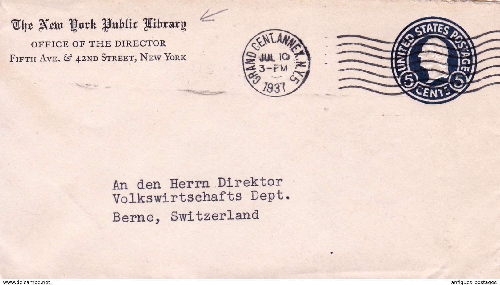 The New York Public Library 1937 USA Berne Suisse Switzerland Postal Stationery  5 Cents - 1921-40