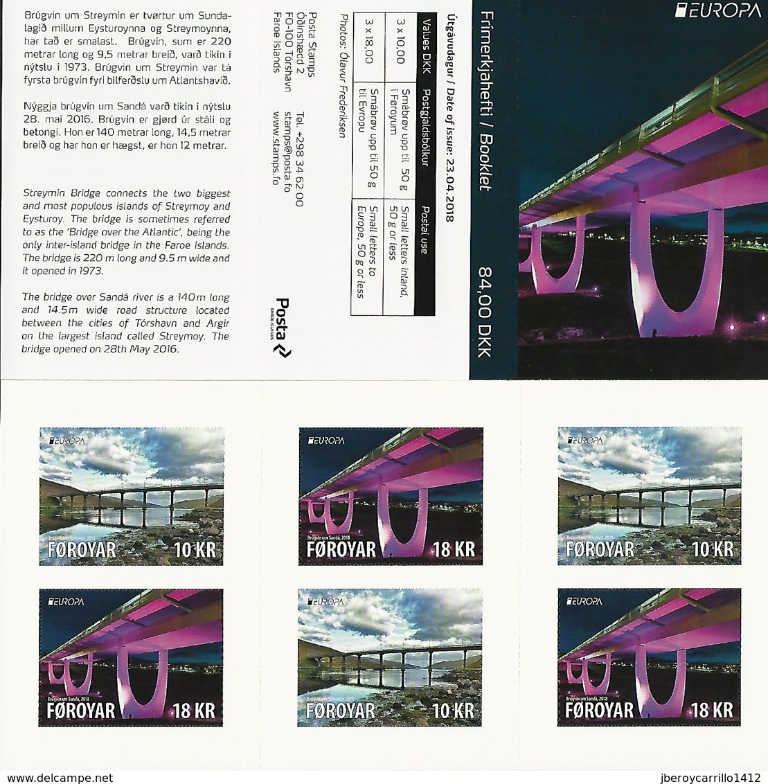 FEROE ISLANDS/ FAROE/ FÄRÖER/ FØROYAR - EUROPA 2018 - "PUENTES.- BRIDGES - BRÜCKEN - PONTS" - CARNET Con 3 SERIES Tipo C - 2018