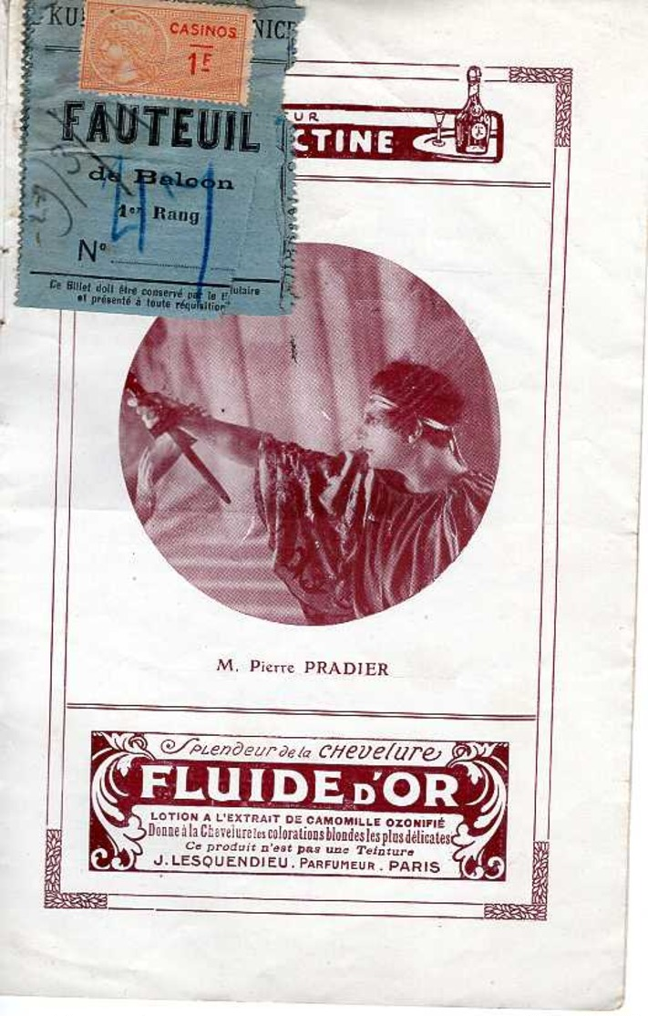 NICE PROGRAMME BILLETS CASINO KURSAAL REGINA BADET CINÉMA DANSE PRADIER FRONDAIE LA ROCHE PONTIF 1921 REDING - Programmes