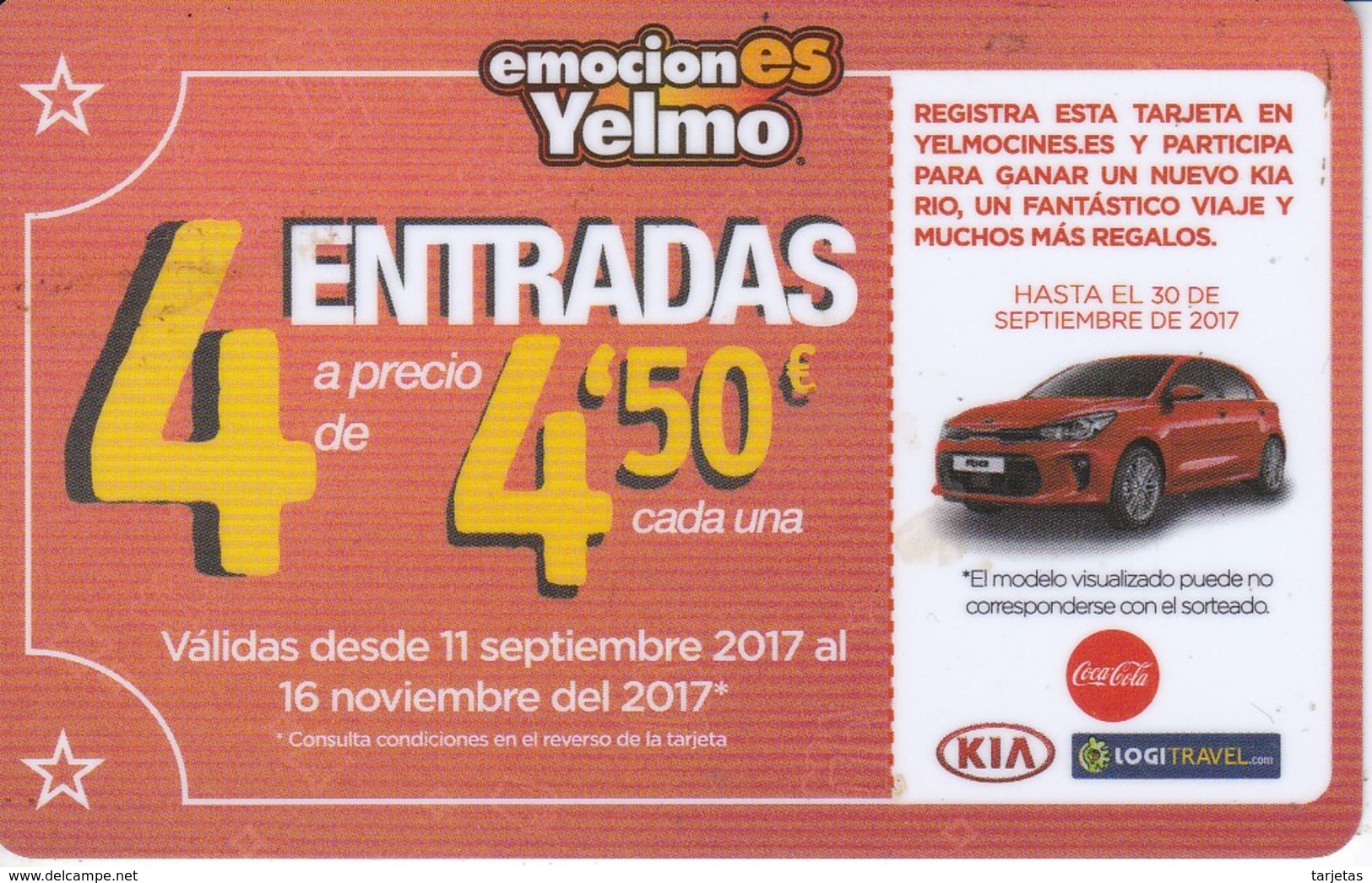 TARJETA DE PUBLICIDAD DE YELMO CINES (GIFT CARD-CADEAU) COCHE KIA Y COCA-COLA - Otros & Sin Clasificación