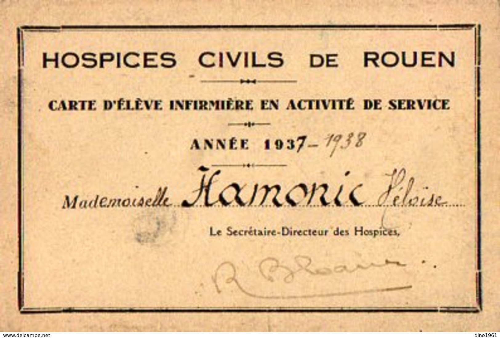 VP12.009 - Hospices Civils De ROUEN - Carte D'Elève Infirmière Mademoiselle HAMORIC Héloise - Autres & Non Classés