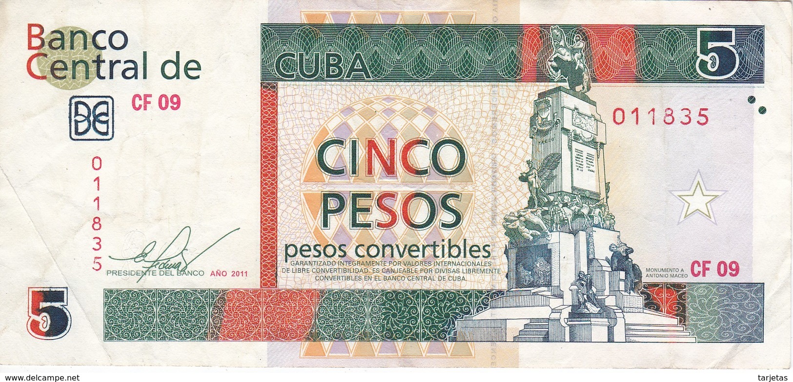 BILLETE DE CUBA DE 5 PESOS CONVERTIBLES DEL AÑO 2011  (BANKNOTE) ANTONIO MACEO - Cuba