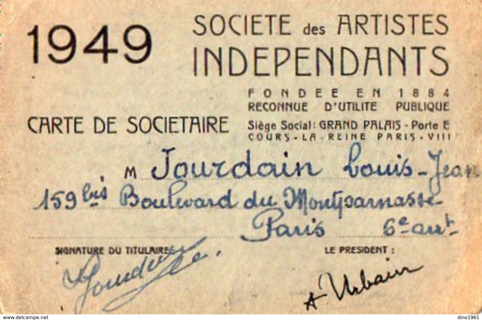 VP12.014 - PARIS - Société Des Artistes Indépendants - Carte De Sociétaire Mr JOURDAIN - Autres & Non Classés