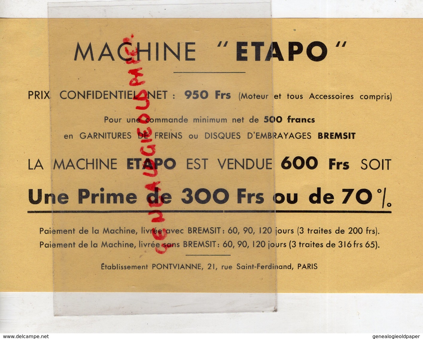 75- PARIS- PUBLICITE ETS. PONTVIANNE- 21 RUE SAINT FERDINAND- MACHINE ETAPO POUR DERIVETER-FRAISER-RIVETER-PERCER - Automovilismo