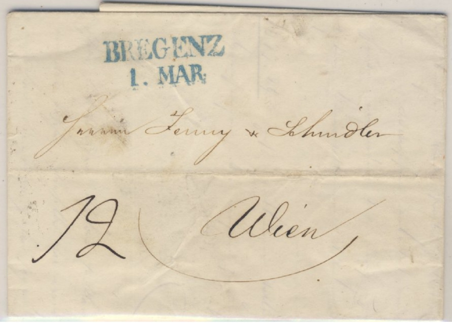 Österreich, Vorphilabrief Bregenz (L2 Blau) N. Wien 1845 - Mit Inhalt - ...-1850 Prephilately