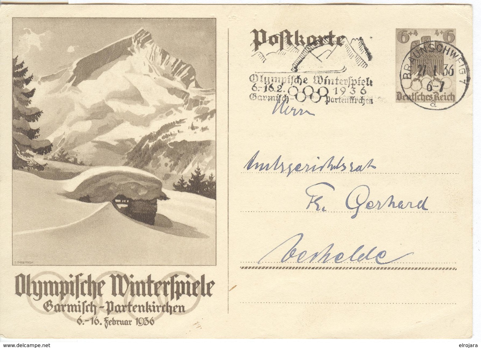 GERMANY Olympic Stationery With Olympic Single Ring Machine Cancel Braunschweig - Hiver 1936: Garmisch-Partenkirchen