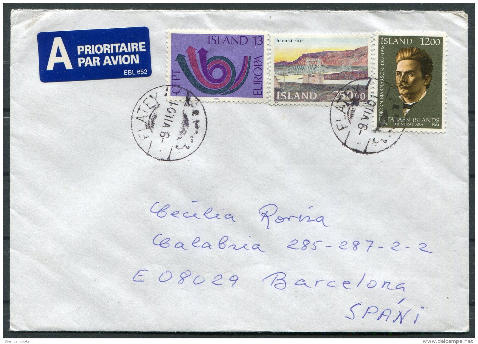 2001 Iceland Flatey Airmail Cover - Barcelona, Spain. Europa - Covers & Documents