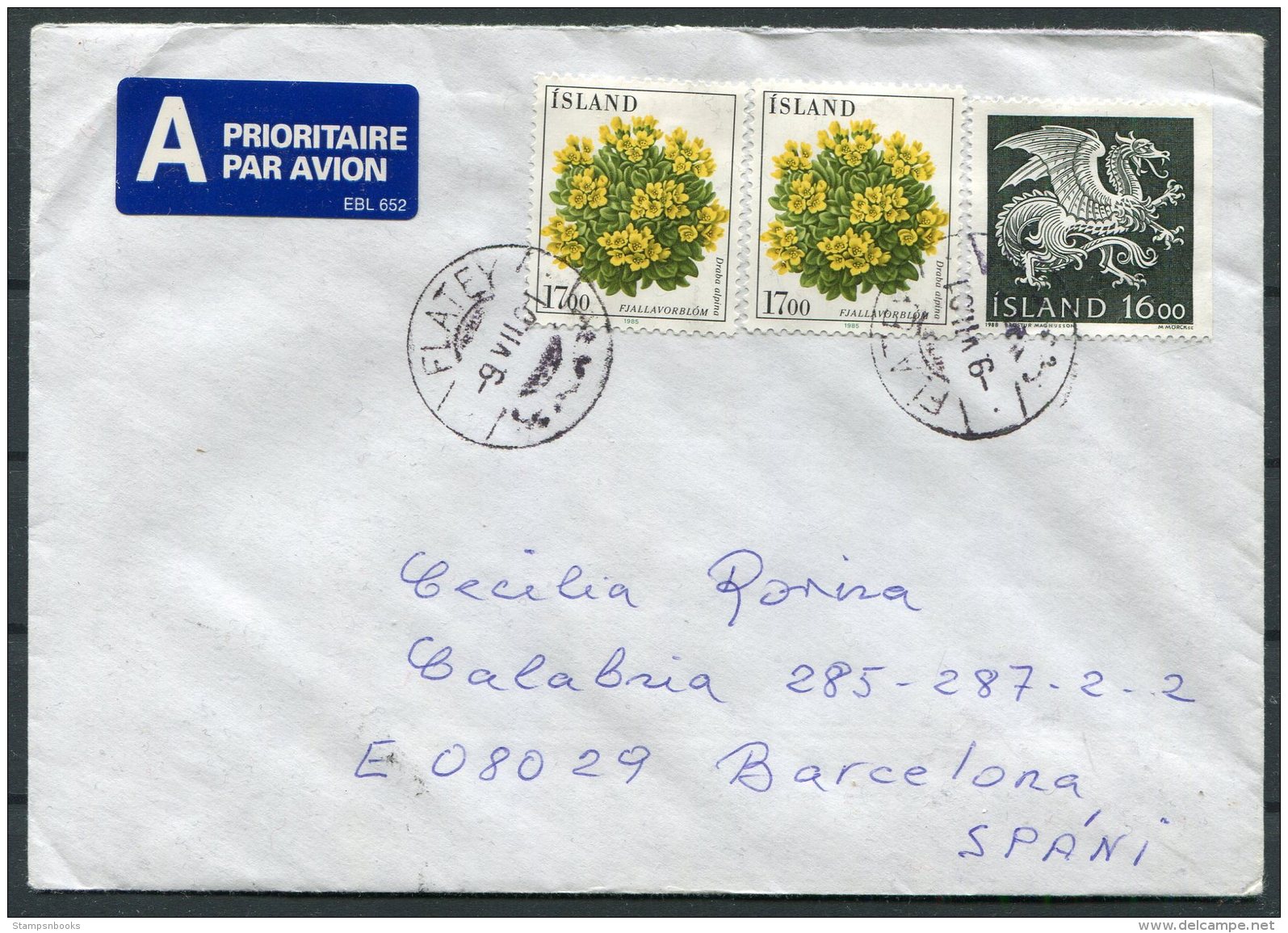 2001 Iceland Flatey Airmail Cover - Barcelona, Spain. - Covers & Documents