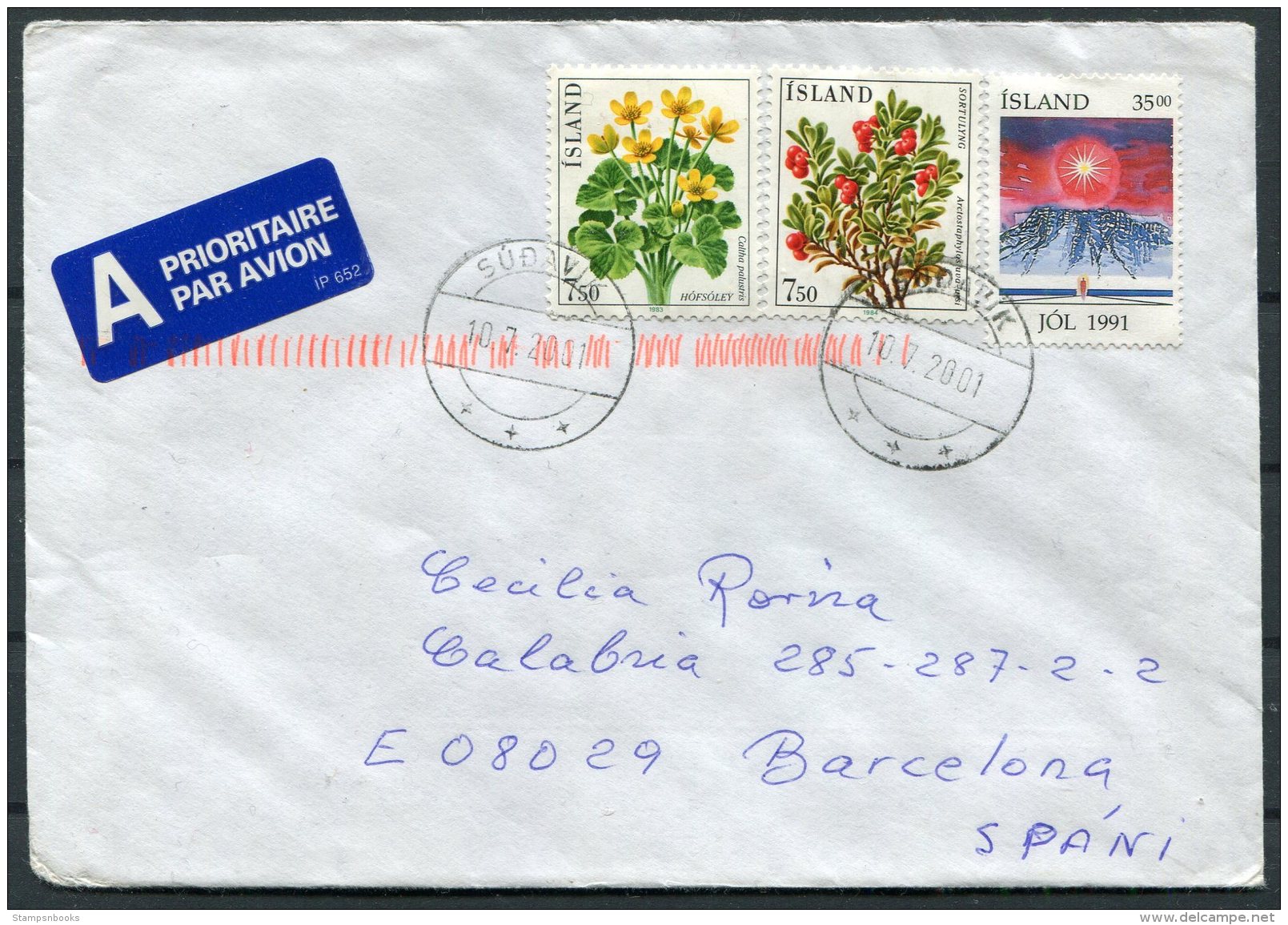 2001 Iceland Sudavik Airmail Cover - Barcelona, Spain. - Covers & Documents