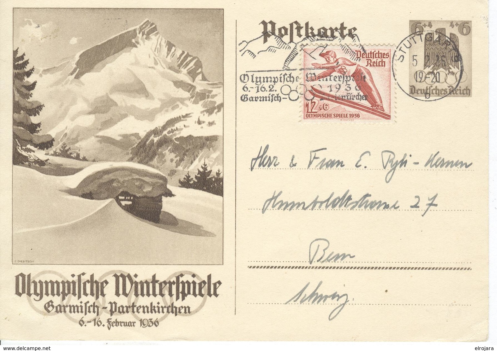 GERMANY Olympic Stationery With Olympic Single Ring Machine Cancel Stuttgart - Winter 1936: Garmisch-Partenkirchen