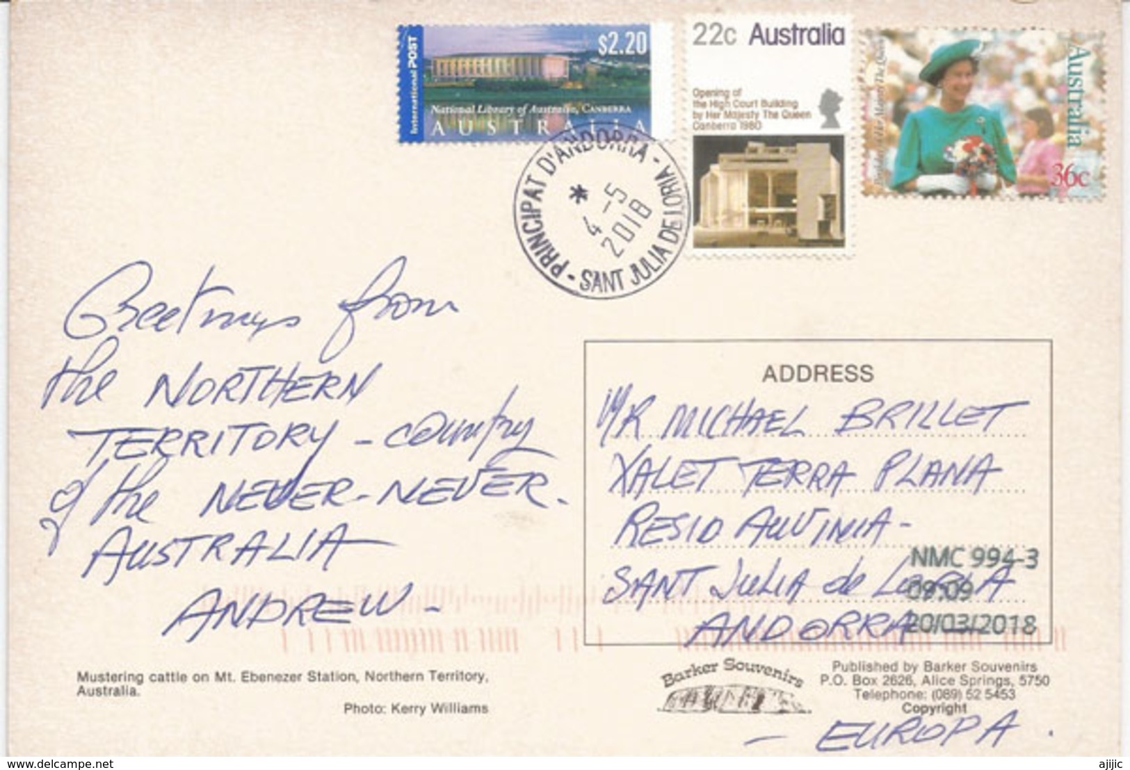 Mustering Cattle, Mt Ebenezer Station, Postcard Sent To Andorra, With Arrival Postmark - Alice Springs