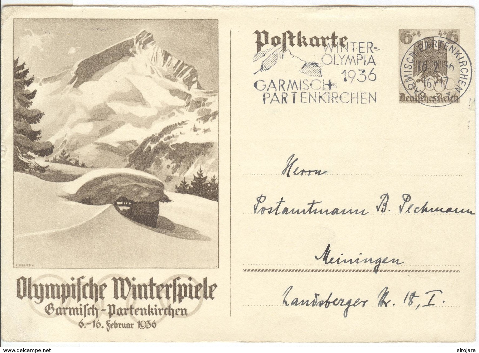 GERMANY Olympic Stationery With Olympic Single Ring Machine Cancel Winter Olympia 1936 16.2.36 Closing - Hiver 1936: Garmisch-Partenkirchen