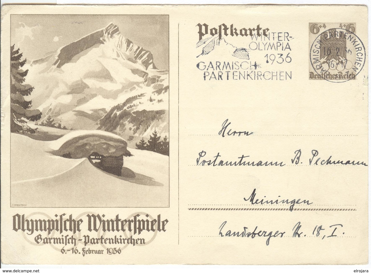 GERMANY Olympic Stationery With Olympic Single Ring Machine Cancel Winter Olympia 1936 16.2.36 Closing - Winter 1936: Garmisch-Partenkirchen
