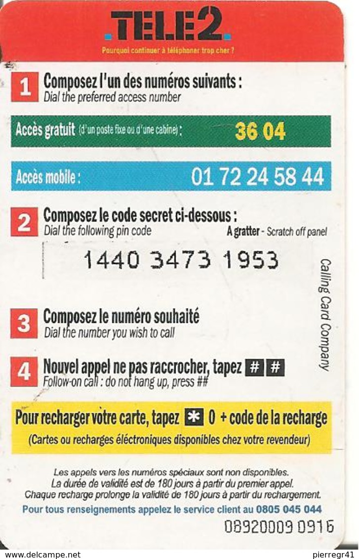 CARTE PREPAYEE-TELE 2-7,5€-CABINE Ou MOBILE-TBE-RARE - Autres & Non Classés