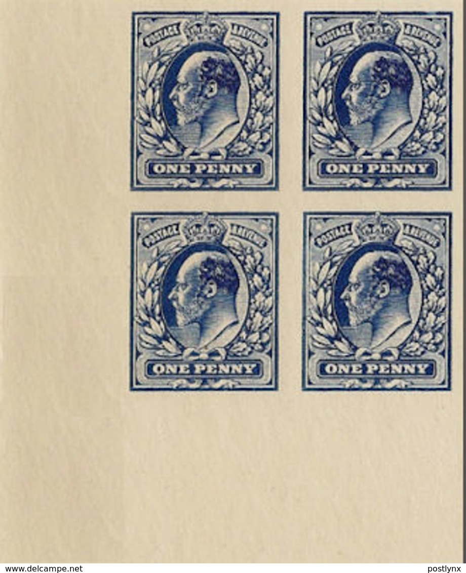 GREAT BRITAIN 1913 Edward IMPERF WMK 4-BLOCK Printer's Sample Trail [PRINT:1000] - Essays, Proofs & Reprints