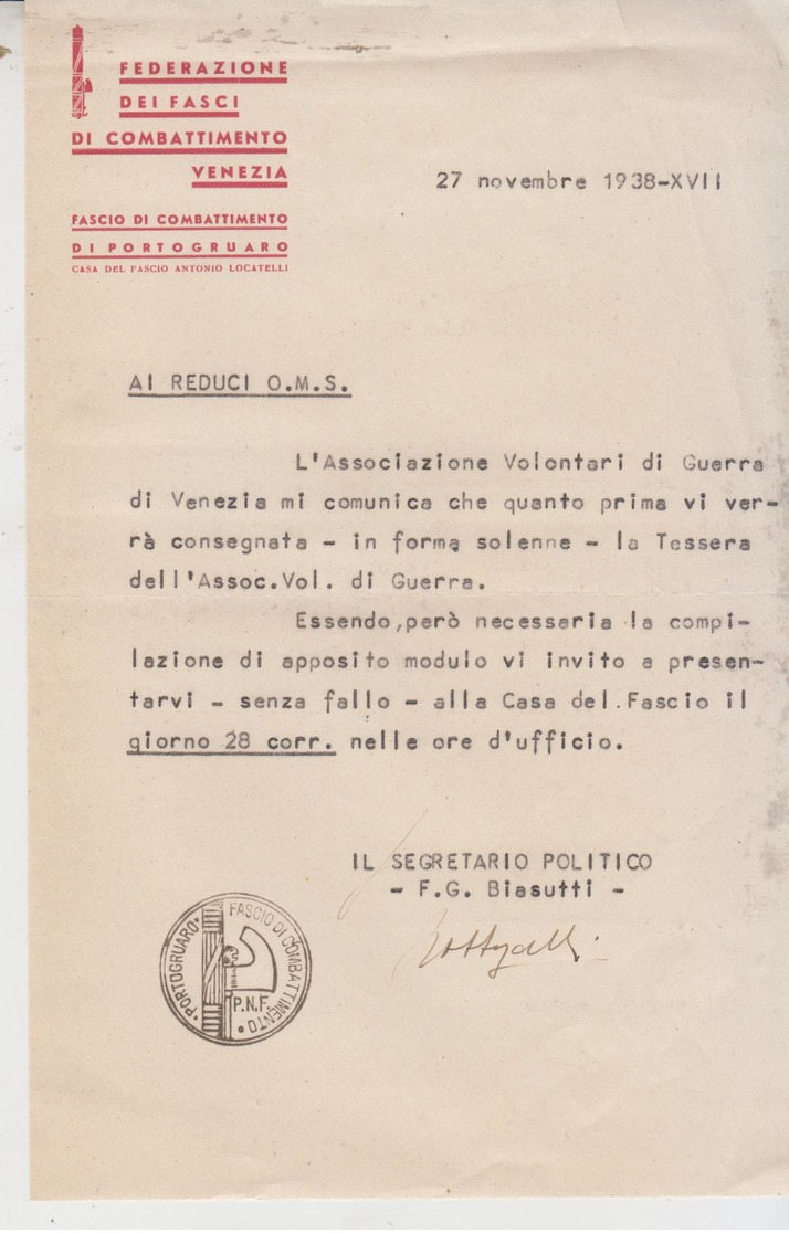 Venezia Federazione Dei Fasci Di Combattimento 1938 Portogruaro   G/t - Documenti Storici