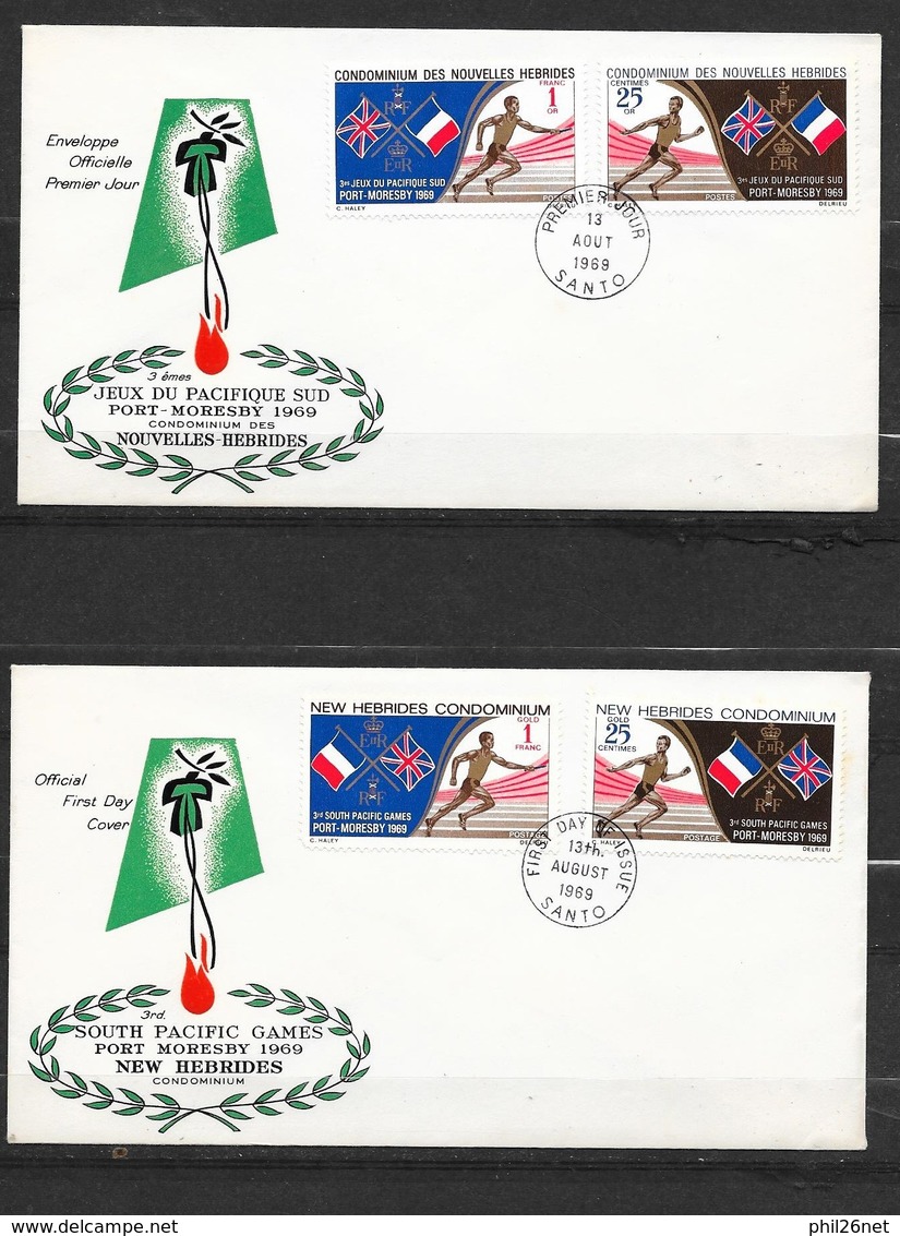 FDC 2 Lettres Premier Jour Nouvelles Hébrides Santo Le 13/8/1969 N°282 à 285 Jeux Du Pacifique Sud Relais Athlétisme TB - FDC