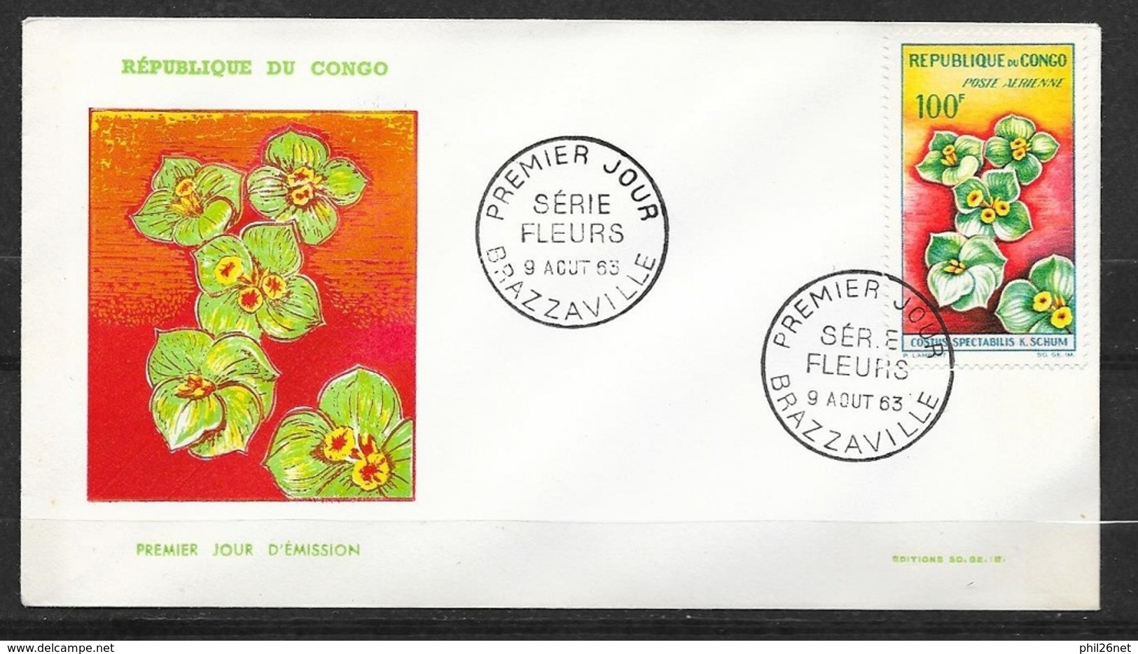 Congo FDC  Lettre Premier Jour Illustrée Brazaville Le 09/08/1963 Poste Aérienne N°8 Costus Spectabilis TB - FDC