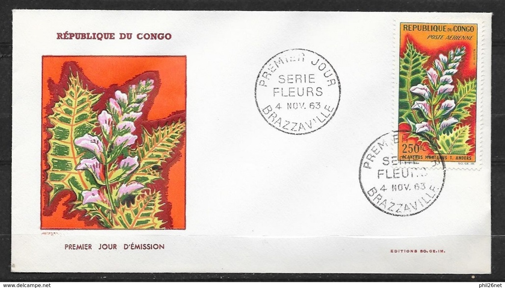 Congo FDC  Lettre Premier Jour Illustrée Brazaville Le 04/11/1963 Poste Aérienne N°9 Acanthus Montanus  TB - FDC