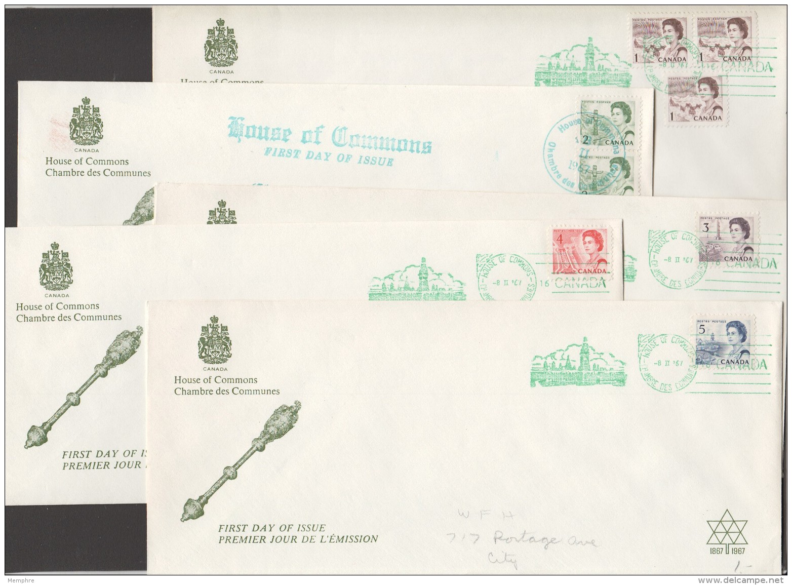 1967 Centennial Definitives - Set Of 12 House Of Commons FDCs Sc 454-8, 461-465B  RARE!! - 1961-1970