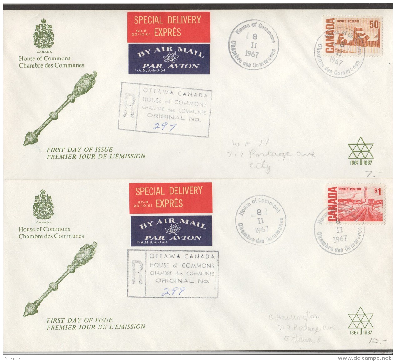 1967 Centennial Definitives - Set Of 12 House Of Commons FDCs Sc 454-8, 461-465B  RARE!! - 1961-1970